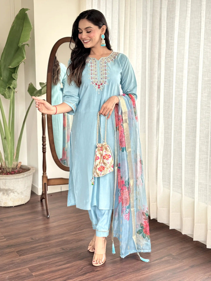 Viscose Chanderi Salwar Kameez | Intricate Embroidery with Floral Dupatta