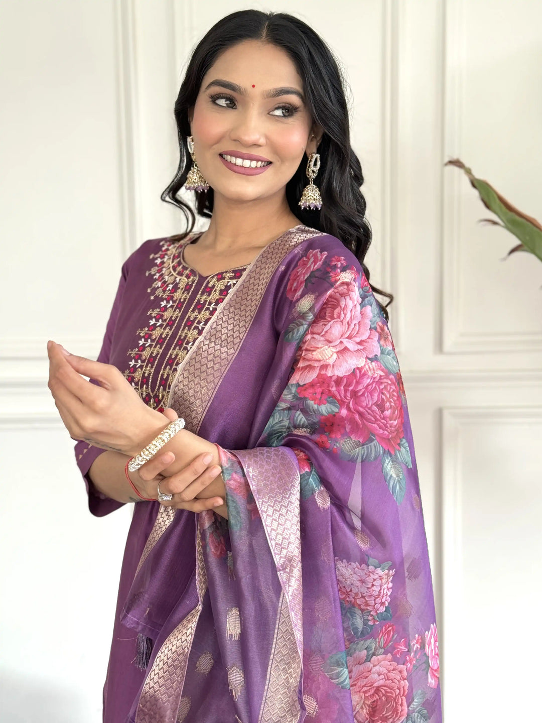 Viscose Chanderi Salwar Kameez | Intricate Embroidery with Floral Dupatta