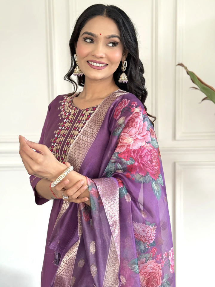 Viscose Chanderi Salwar Kameez | Intricate Embroidery with Floral Dupatta