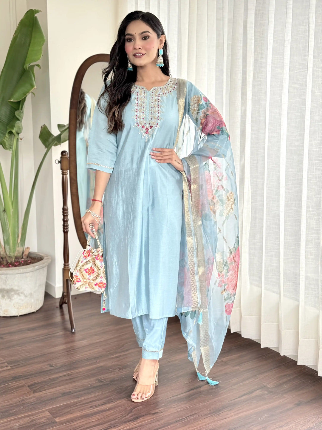 Viscose Chanderi Salwar Kameez | Intricate Embroidery with Floral Dupatta