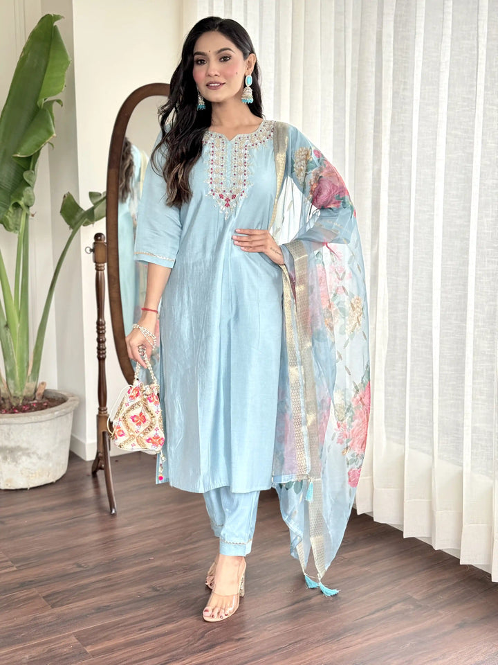 Viscose Chanderi Salwar Kameez | Intricate Embroidery with Floral Dupatta