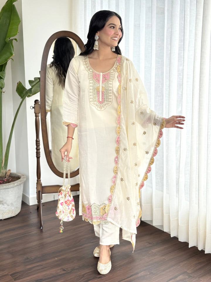 Viscose Chanderi Salwar Kameez | Graceful Embroidery for Festive & Wedding