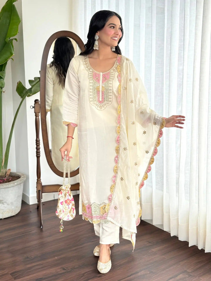 Cream Chanderi Silk Salwar Kameez Set | Designer Ethnic Wear for Women
