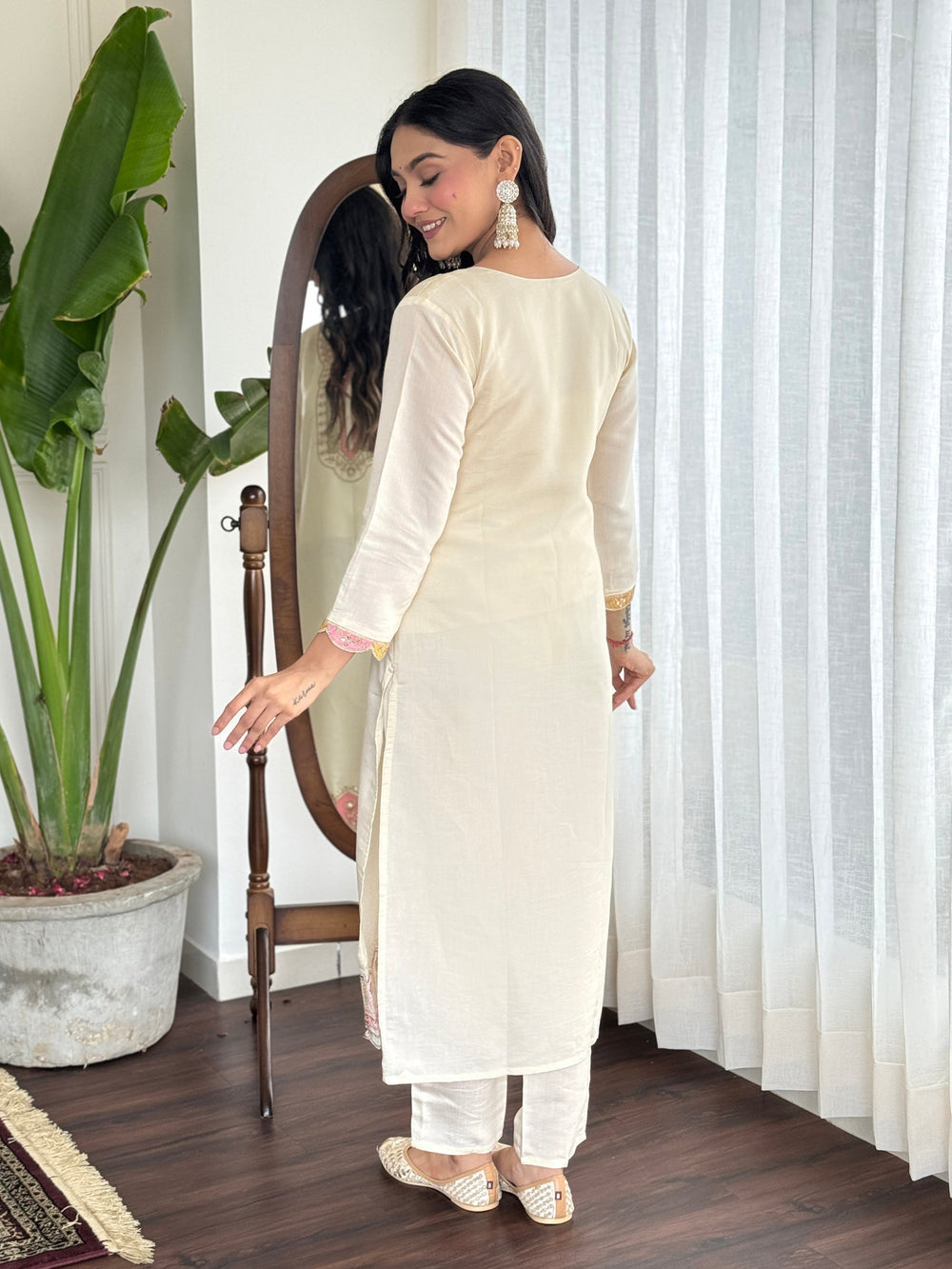 Amazing Cream Embroidered Chanderi Silk Traditional Pant Suit