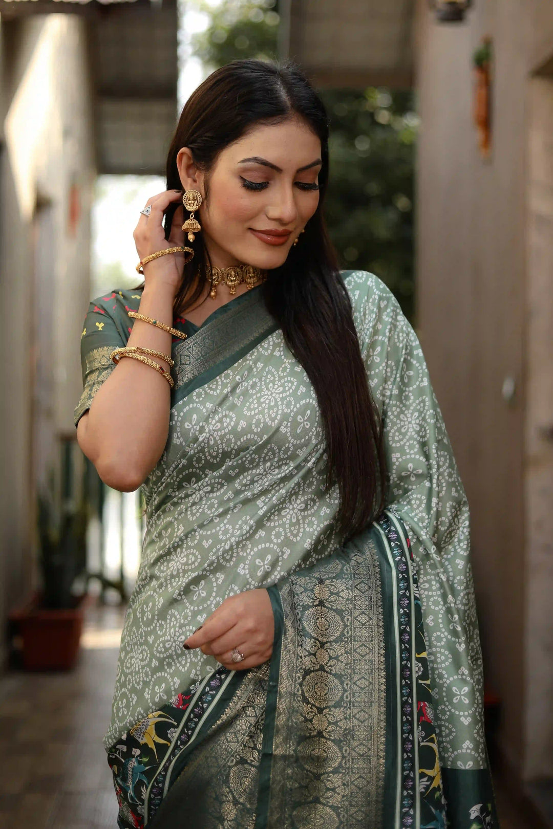 Designer Dola-Silk Saree | Kalamkari & Bandhani Print for Weddings & Events