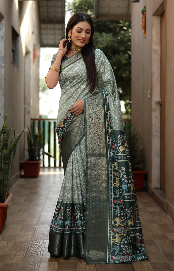 Designer Dola-Silk Saree | Kalamkari & Bandhani Print for Weddings & Events