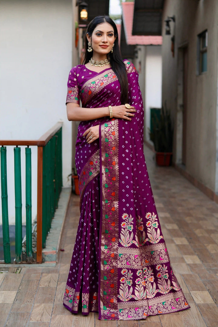 Elegant Paithani Silk Saree | Bandhani Printed & Woven Pallu Border