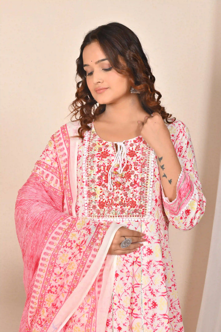 Pink Rayon Cotton Salwar Kameez | Floral Print with Matching Dupatta