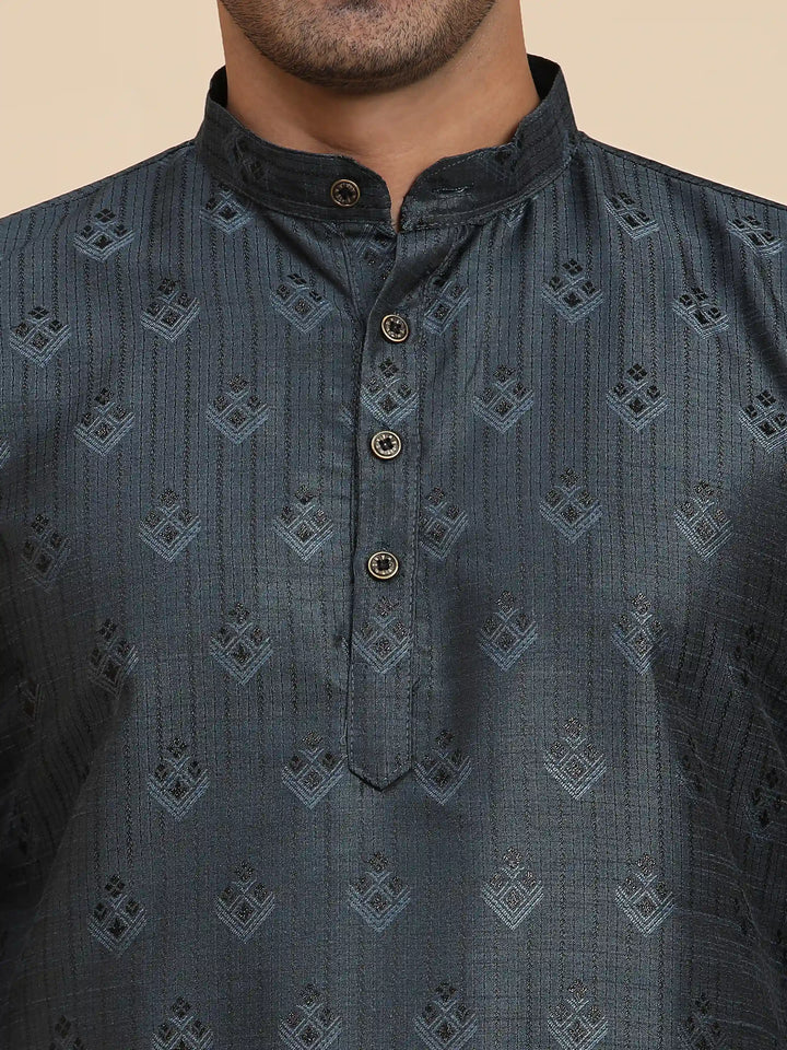 Navy Blue Viscose Jacquard Kurta | Stylish Traditional Wear for Men