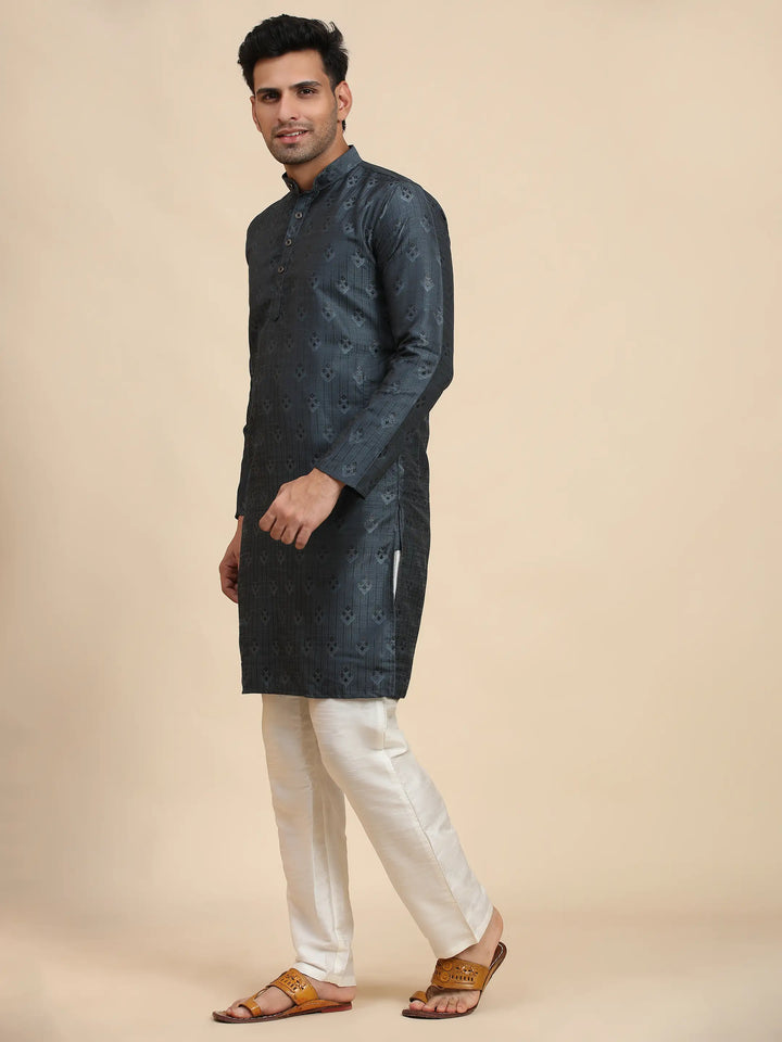 Navy Blue Viscose Jacquard Kurta | Stylish Traditional Wear for Men