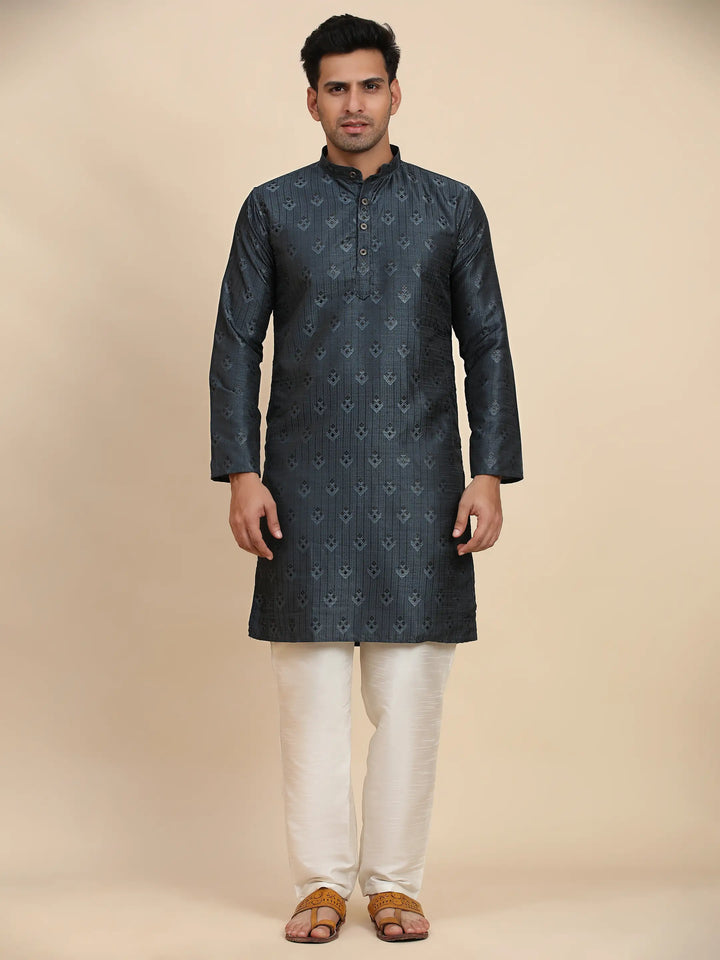 Navy Blue Viscose Jacquard Kurta | Stylish Traditional Wear for Men