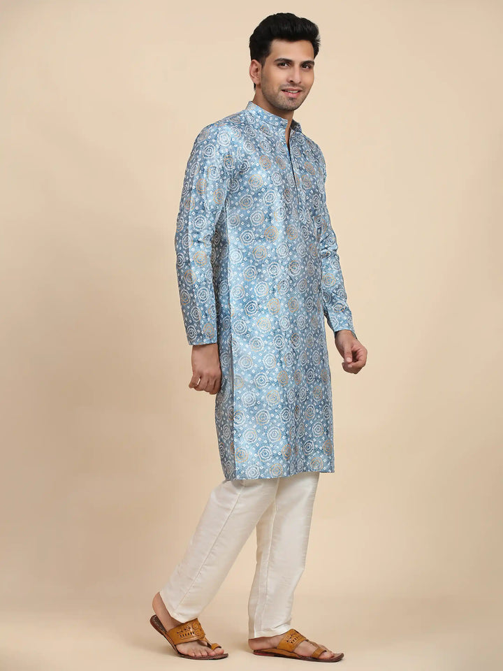 Viscose Rayon Kurta | Light Blue Printed Design for Men