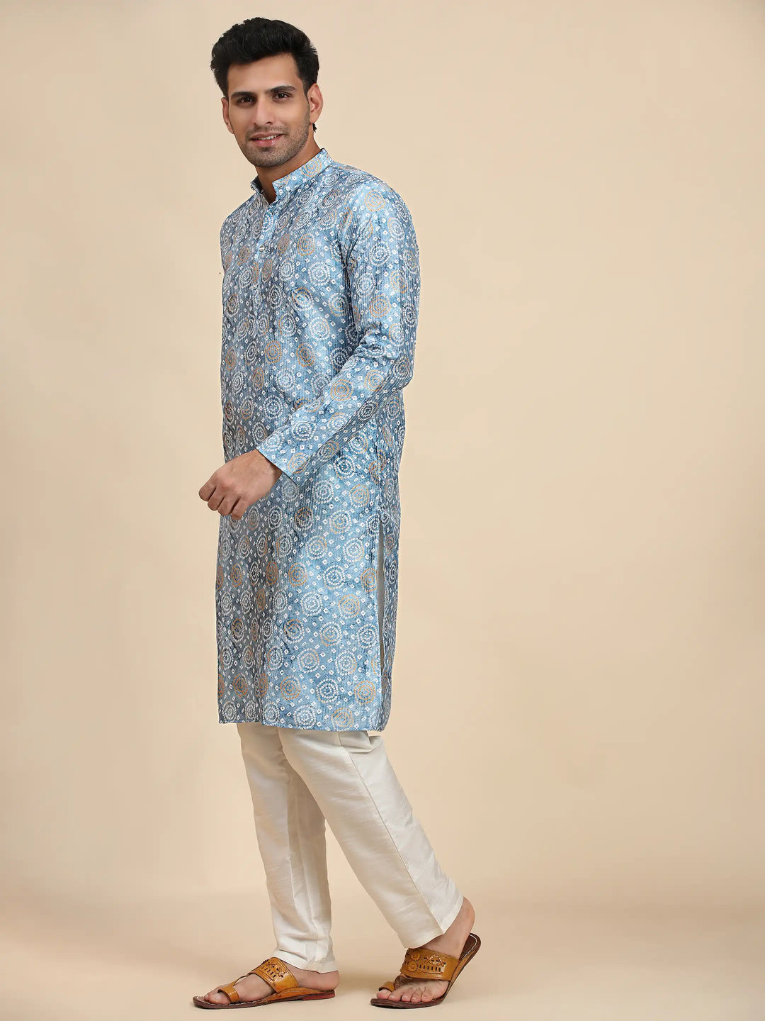 Viscose Rayon Kurta | Light Blue Printed Design for Men