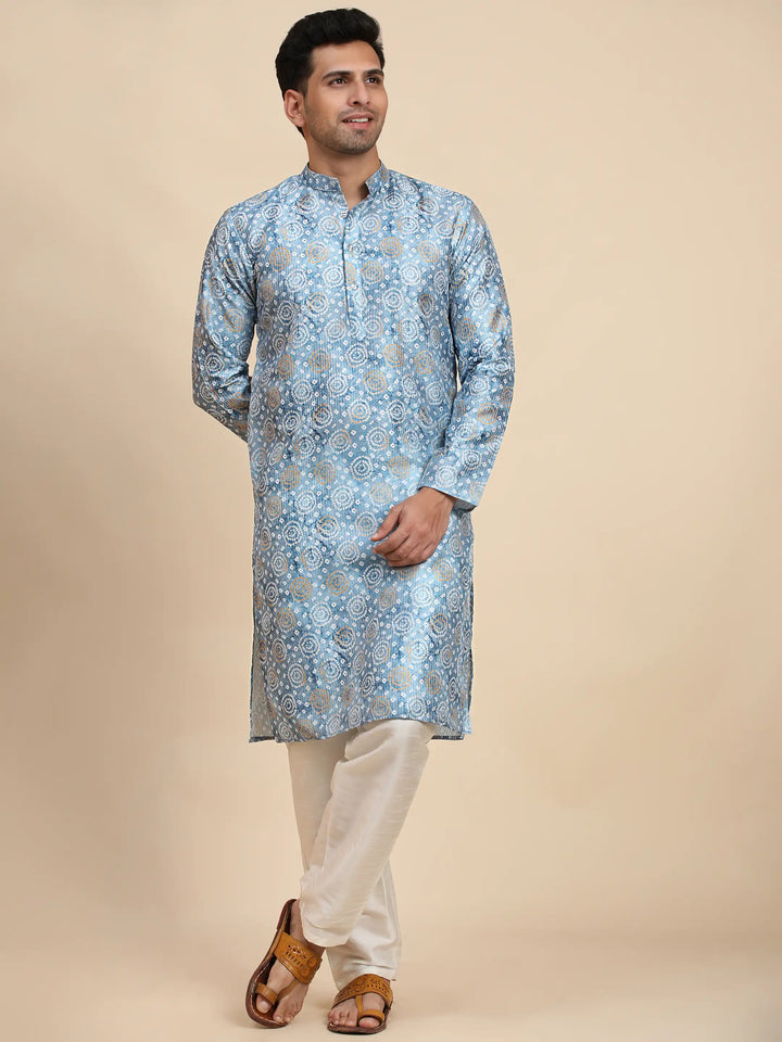 Viscose Rayon Kurta | Light Blue Printed Design for Men