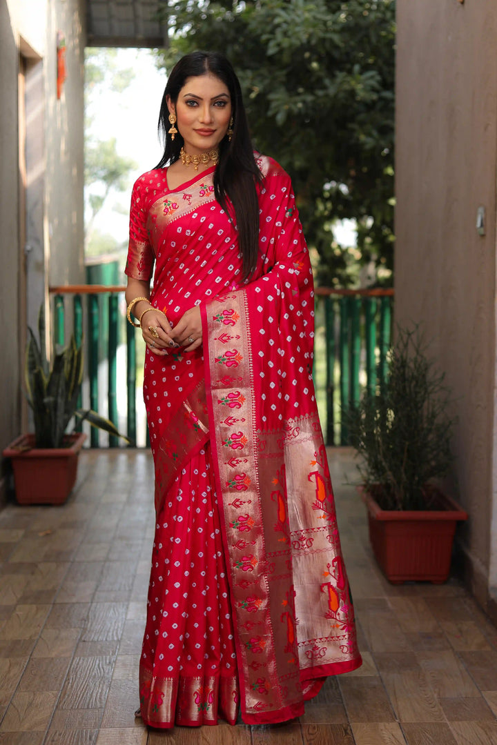 Designer Dola Silk Saree | Beautified with Wevon Paithani Designer, Bandhej Printed Work