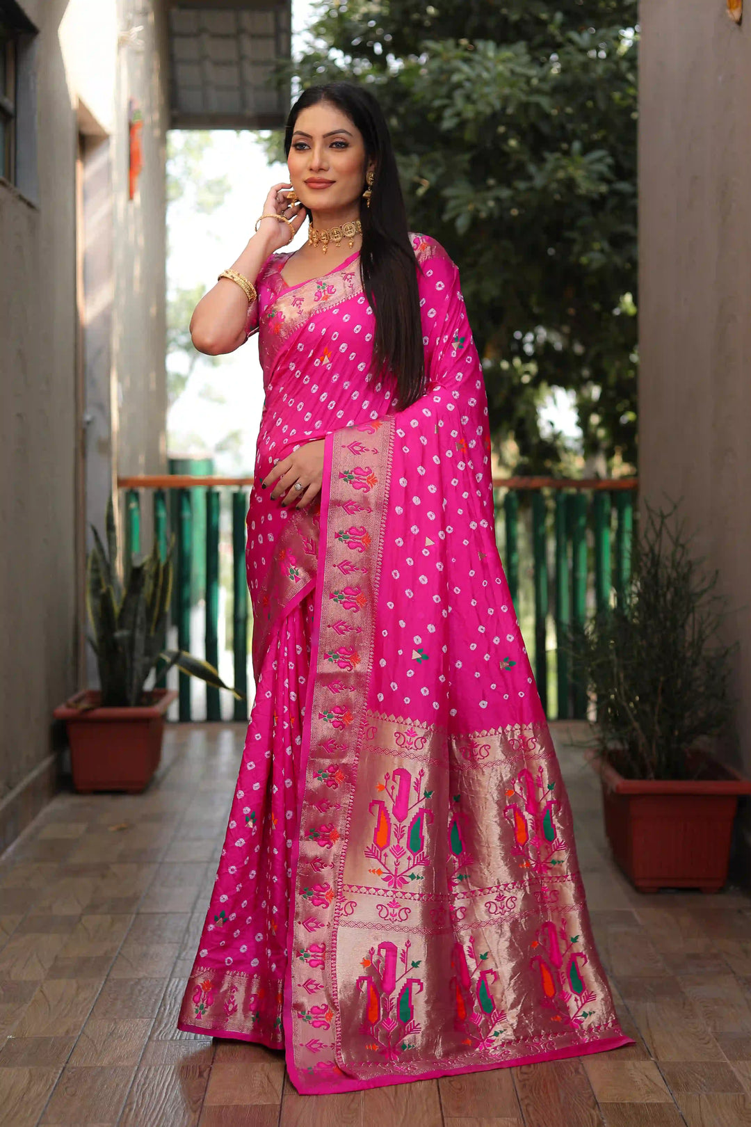 Designer Dola Silk Saree | Beautified with Wevon Paithani Designer, Bandhej Printed Work