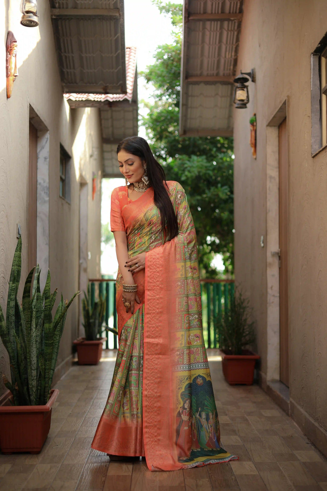 Designer Dola Silk Saree | Beautified with Wevon Kanchi Border Designer,Digital Kalamkari Printed Work