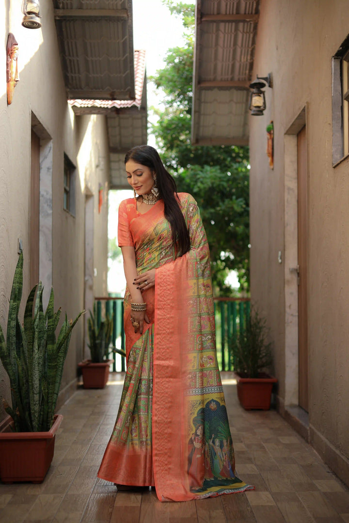 Designer Dola Silk Saree | Beautified with Wevon Kanchi Border Designer,Digital Kalamkari Printed Work