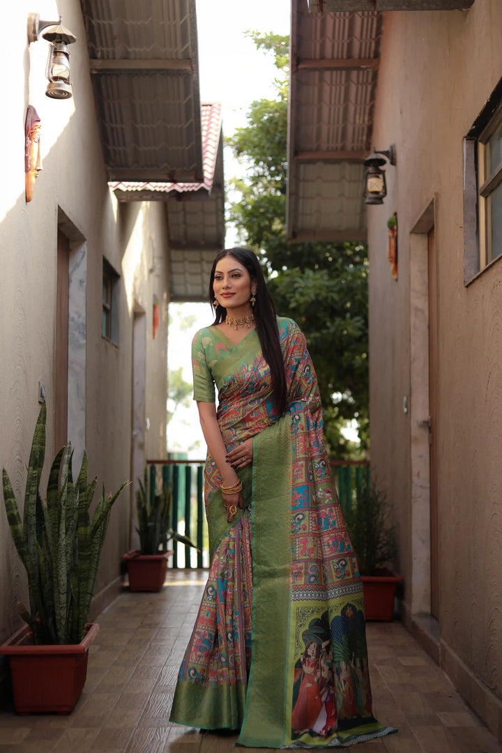 Designer Dola Silk Saree | Beautified with Wevon Kanchi Border Designer,Digital Kalamkari Printed Work