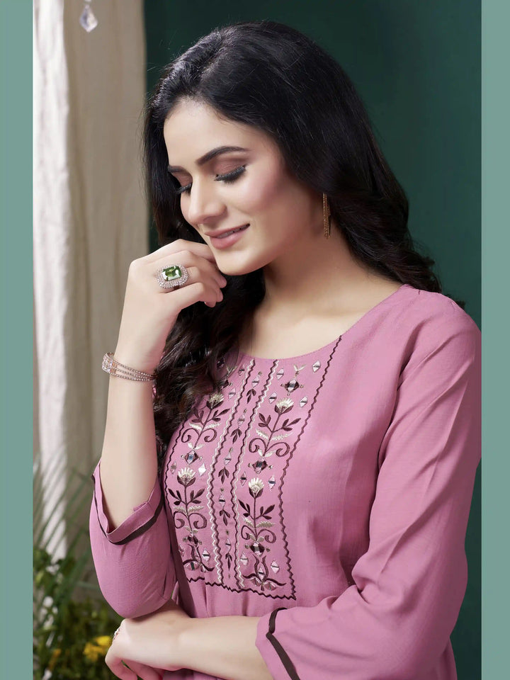 Stylish Pink Women Kurta Set | Rayon Kurti with Pocket Hand Work Design