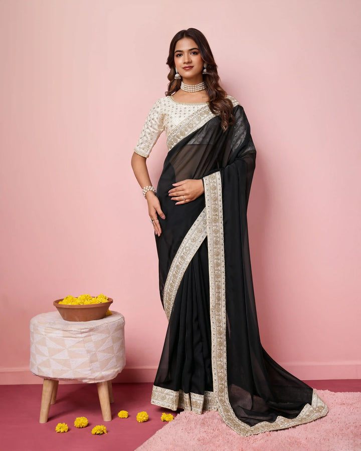Elegant Organza Saree | Perfect  Embroidery Work Border, Blouse Work
