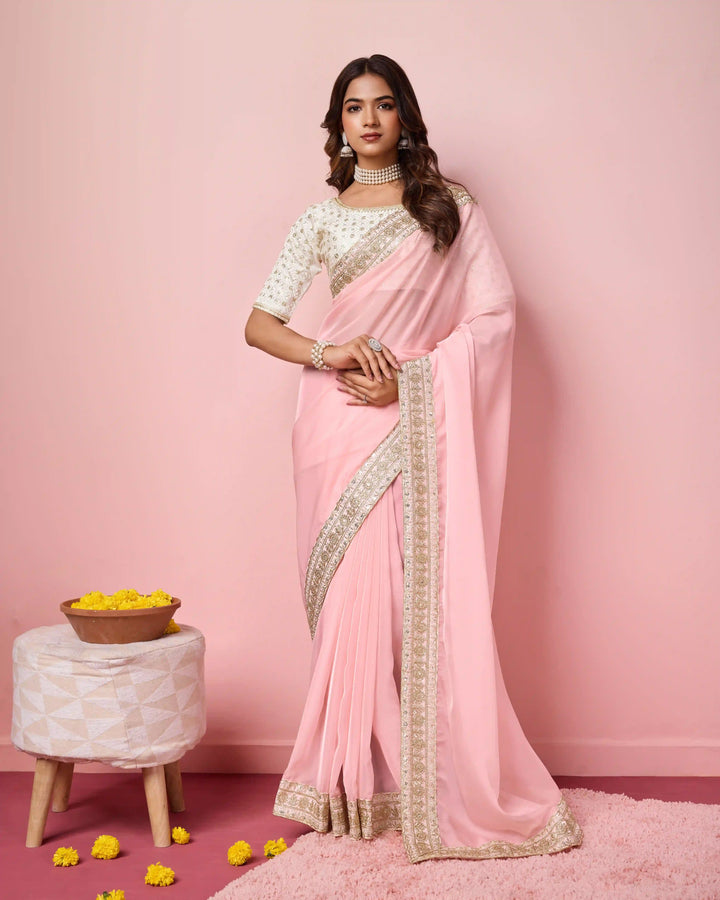 Elegant Organza Saree | Perfect  Embroidery Work Border, Blouse Work