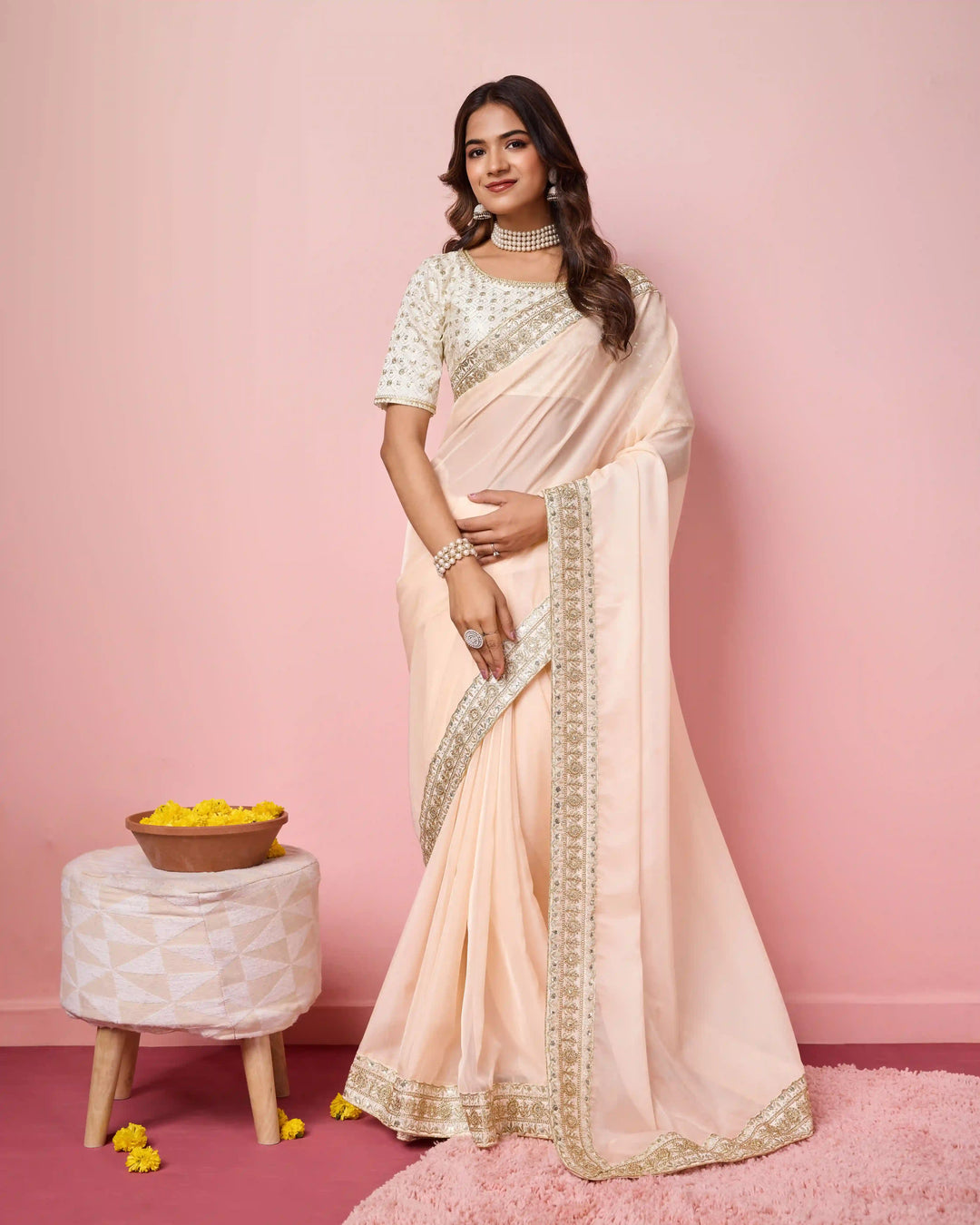 Elegant Organza Saree | Perfect  Embroidery Work Border, Blouse Work