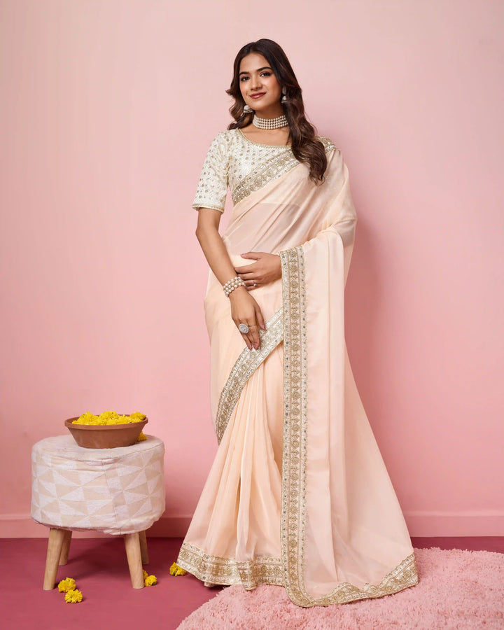 Elegant Organza Saree | Perfect  Embroidery Work Border, Blouse Work