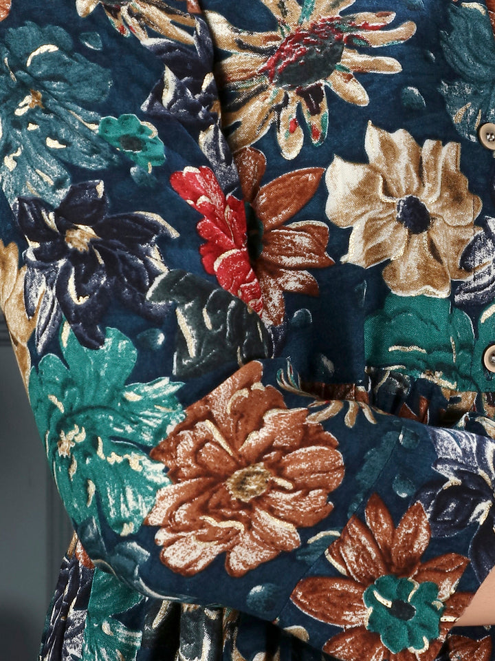 Enchanting Navy Blue Floral Printed Rayon Top Palazzo Co-Ord Set