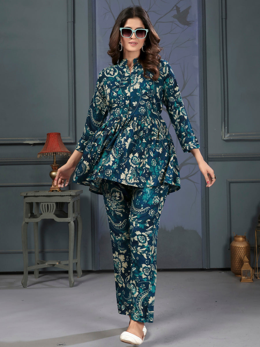 Bewitching Teal Blue Digital Printed Rayon Top Palazzo Co-Ord Set