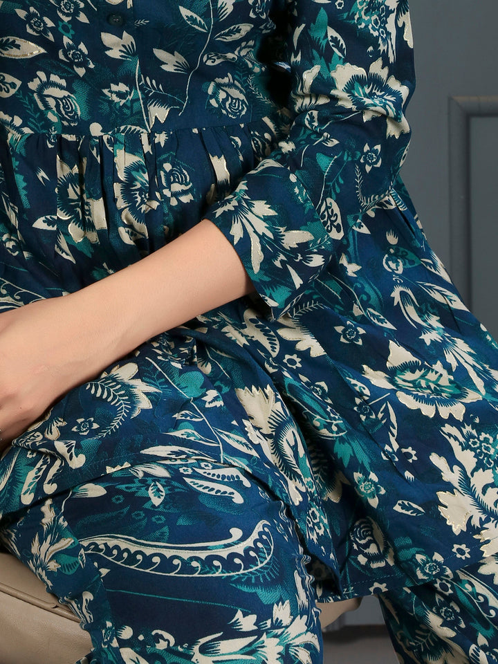 Bewitching Teal Blue Digital Printed Rayon Top Palazzo Co-Ord Set