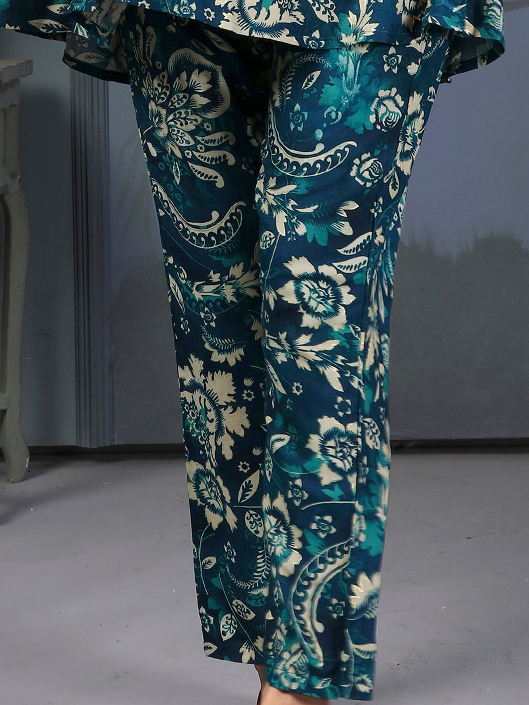 Bewitching Teal Blue Digital Printed Rayon Top Palazzo Co-Ord Set
