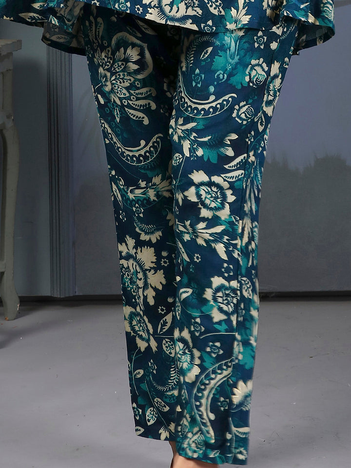 Bewitching Teal Blue Digital Printed Rayon Top Palazzo Co-Ord Set