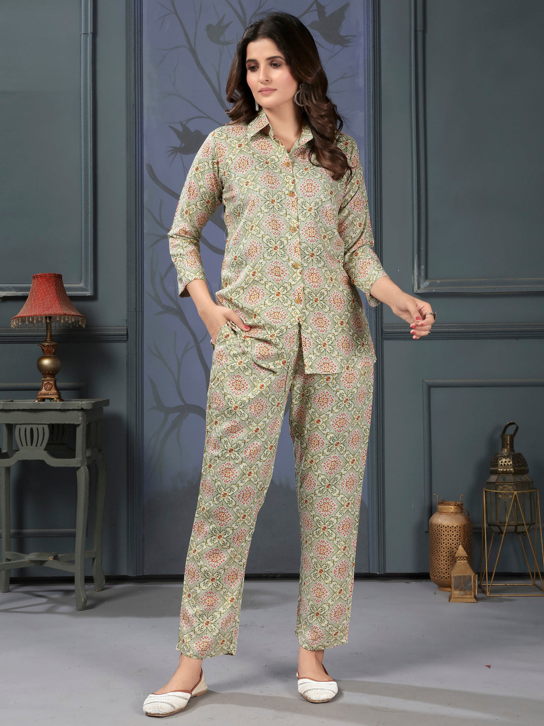 Enchanting Pista Green Digital Printed Rayon Top Palazzo Co-Ord Set
