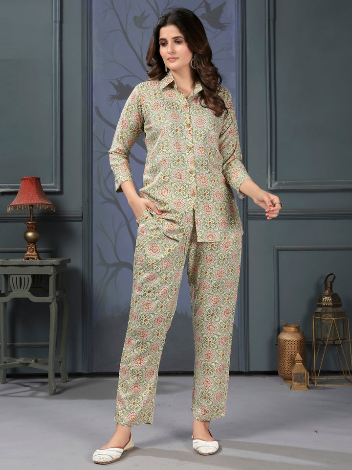 Enchanting Pista Green Digital Printed Rayon Top Palazzo Co-Ord Set