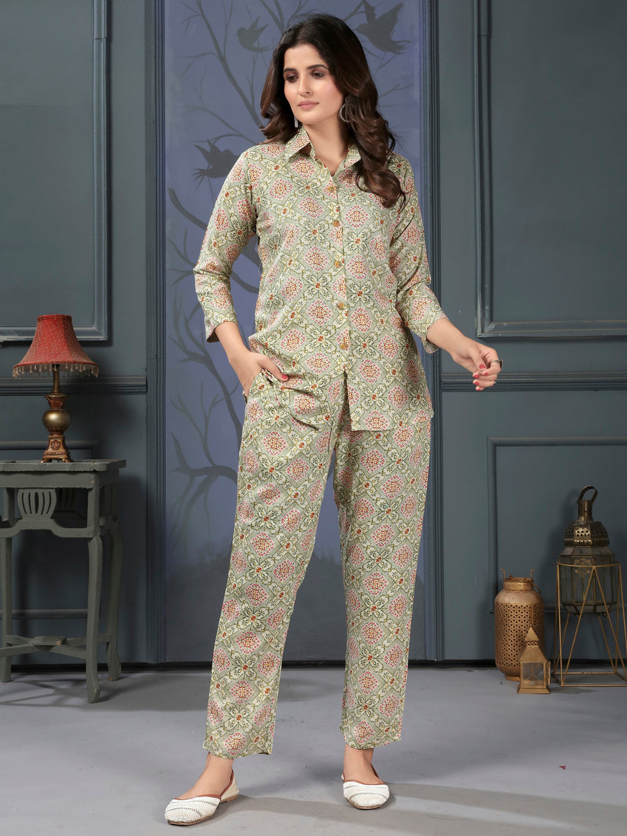 Enchanting Pista Green Digital Printed Rayon Top Palazzo Co-Ord Set