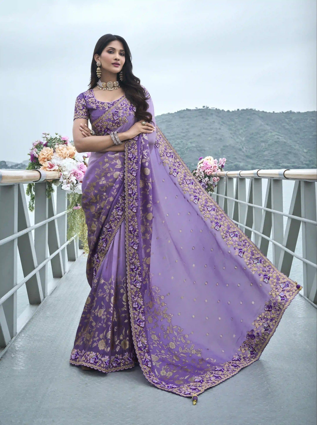 Heavy-Embroidered Tissue-Silk Saree | Luxurious Blouse with Mirror & Stone Work