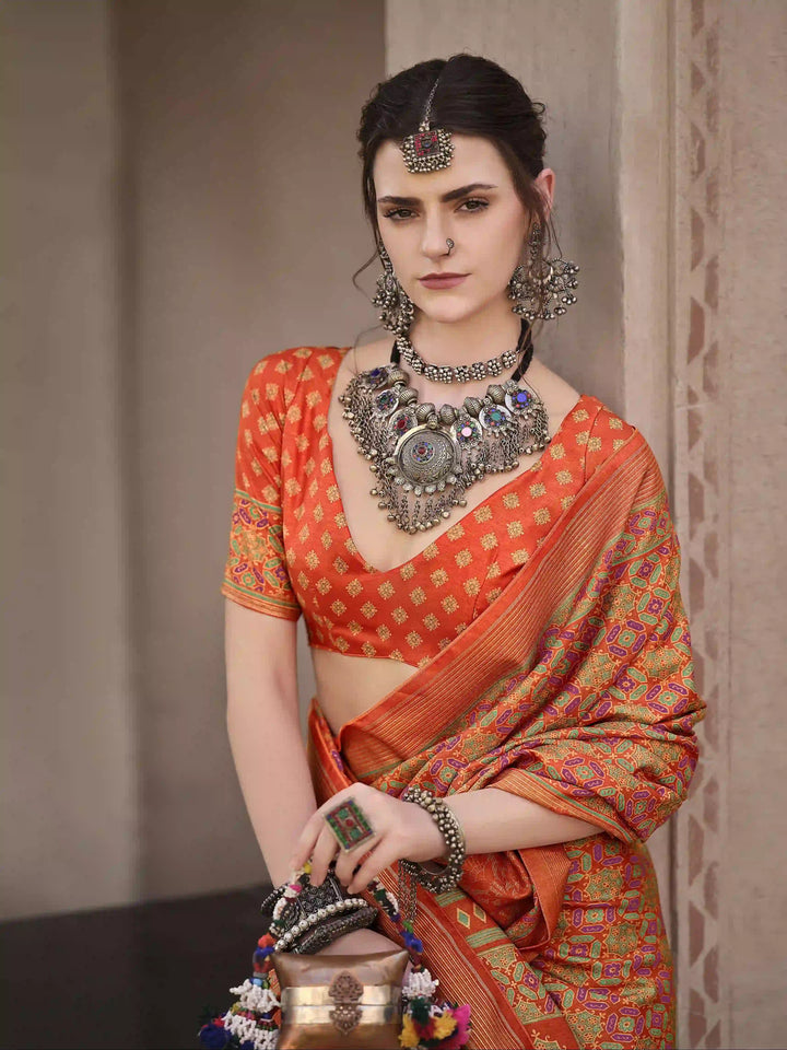 Designer Orange Ajrakh Printed Sigma Silk Saree | Special Event & Wedding Wear