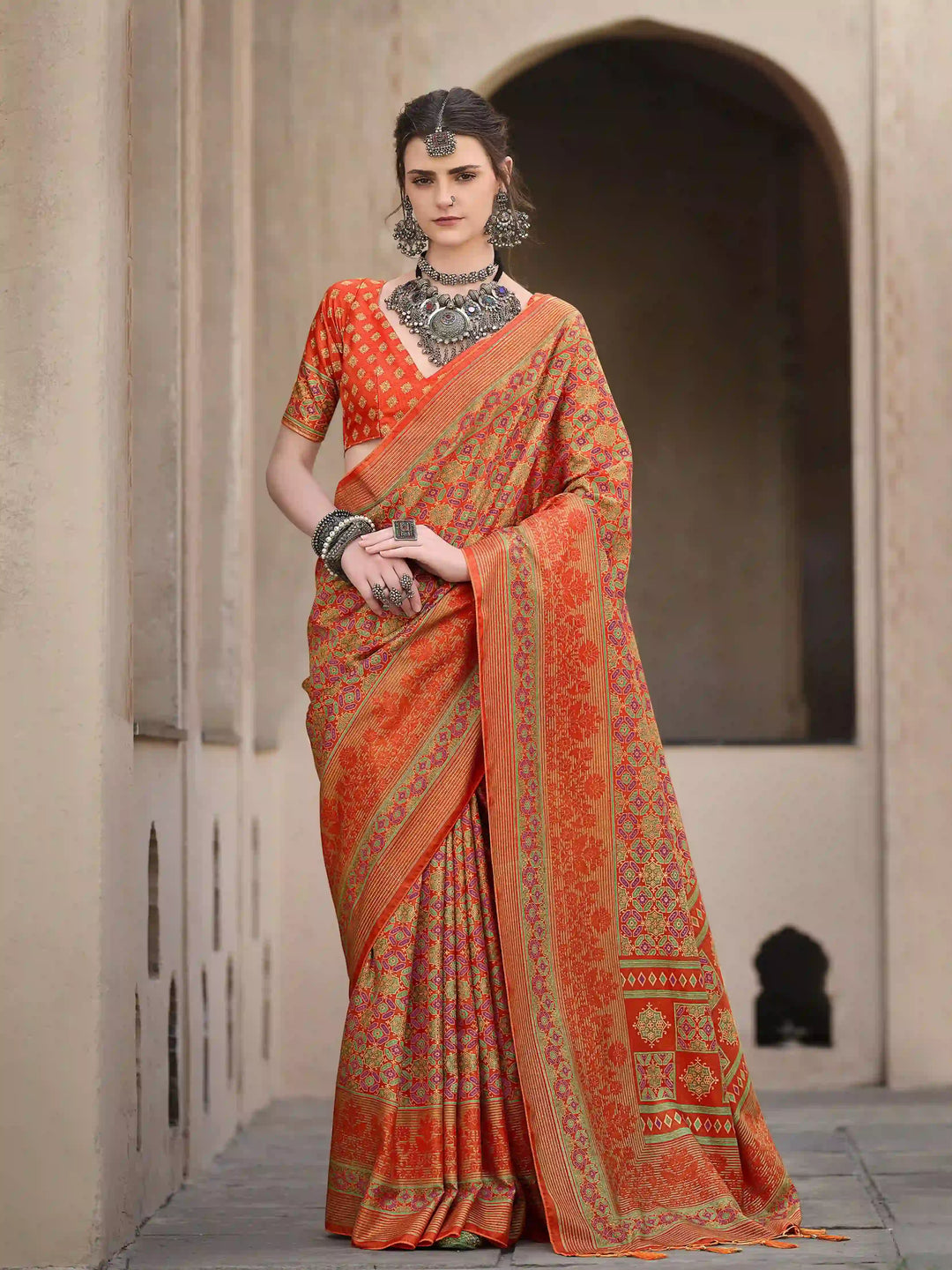 Designer Orange Ajrakh Printed Sigma Silk Saree | Special Event & Wedding Wear