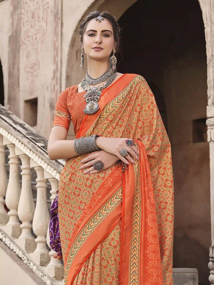 Designer Orange Ajrakh Printed Sigma Silk Saree | Perfect for Special Events & Weddings