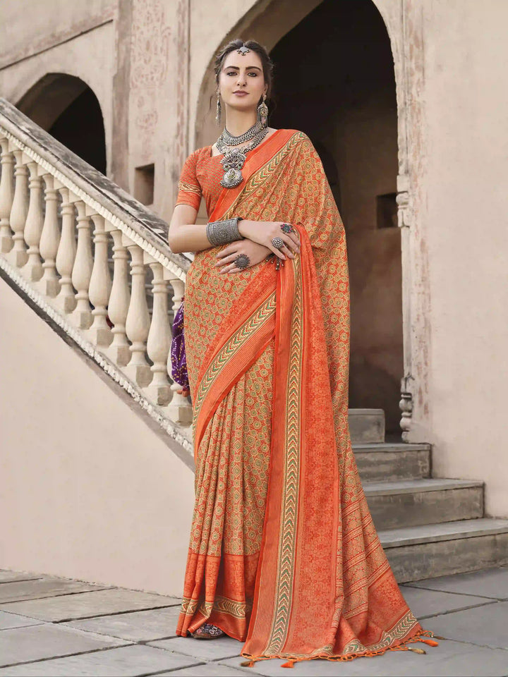 Designer Orange Ajrakh Printed Sigma Silk Saree | Perfect for Special Events & Weddings