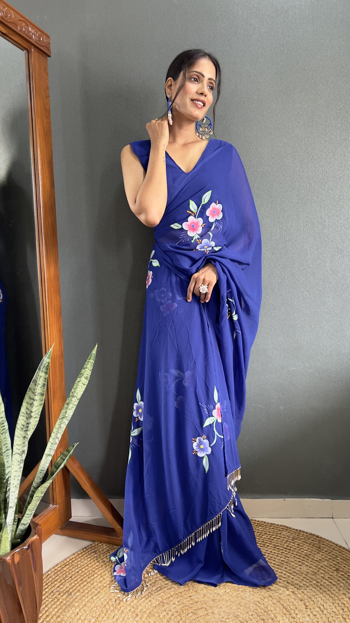 Designer Blue Hand-Printed Faux-Georgette Saree | Perfect for Weddings & Events