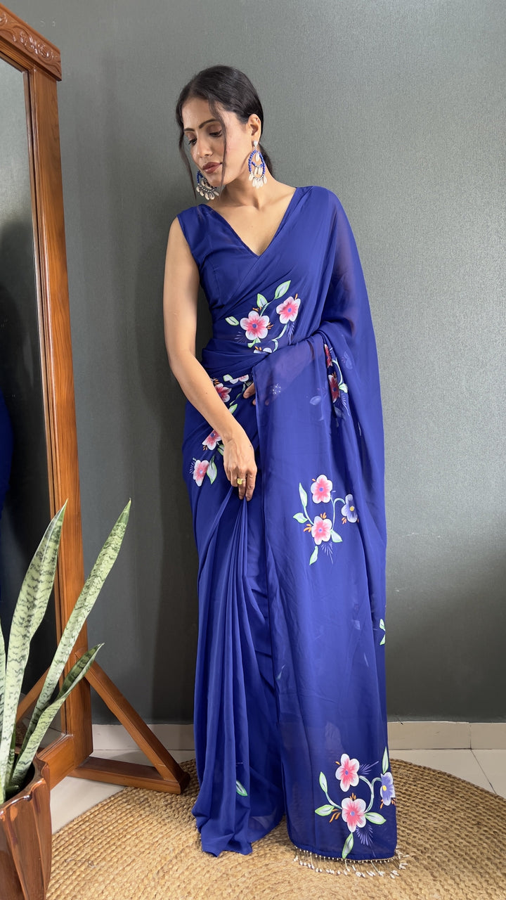 Designer Blue Hand-Printed Faux-Georgette Saree | Perfect for Weddings & Events