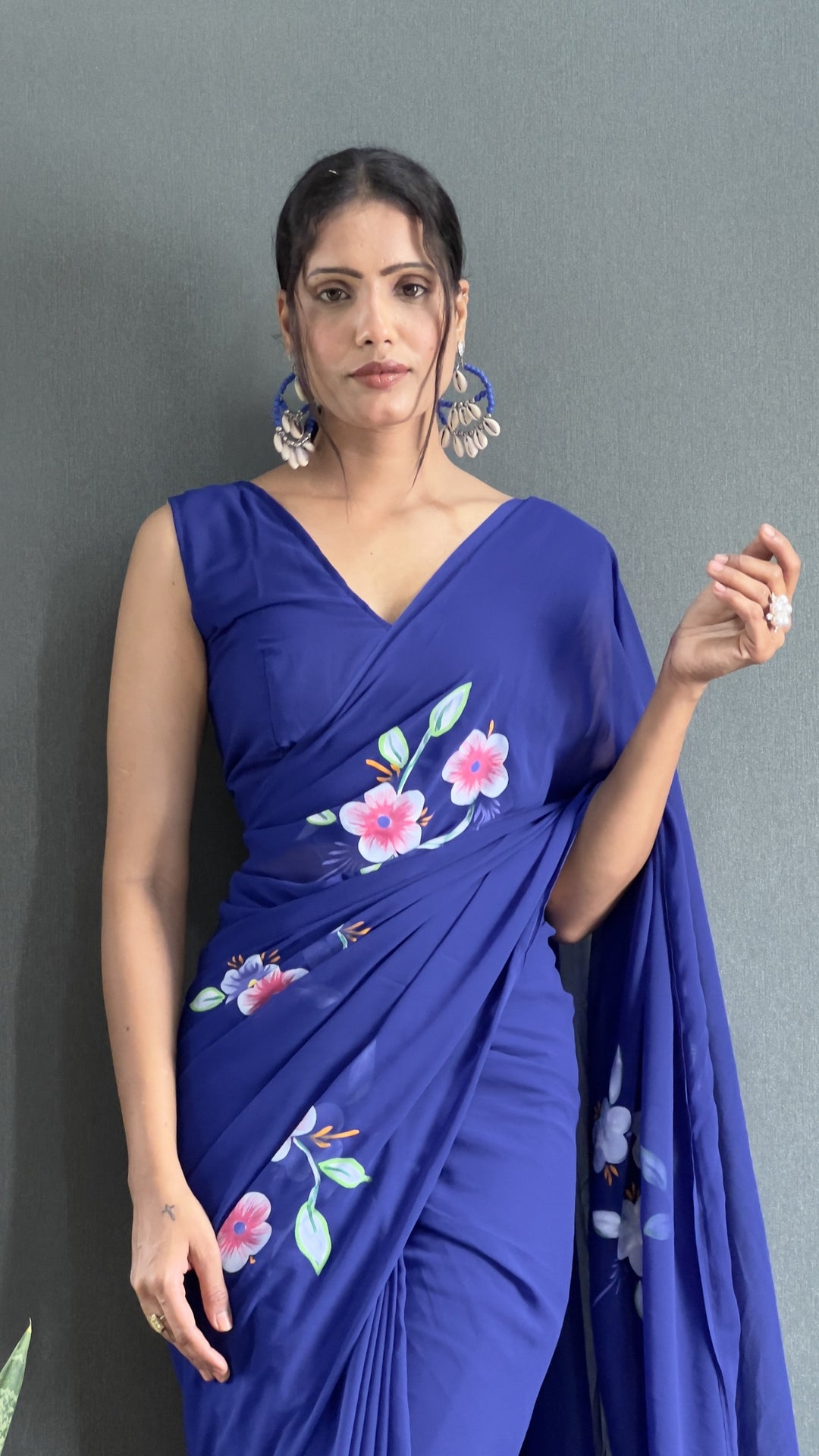 Designer Blue Hand-Printed Faux-Georgette Saree | Perfect for Weddings & Events
