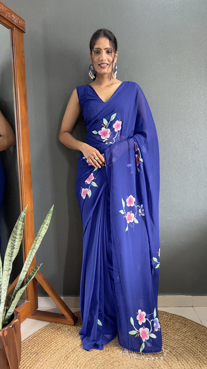 Designer Blue Hand-Printed Faux-Georgette Saree | Perfect for Weddings & Events