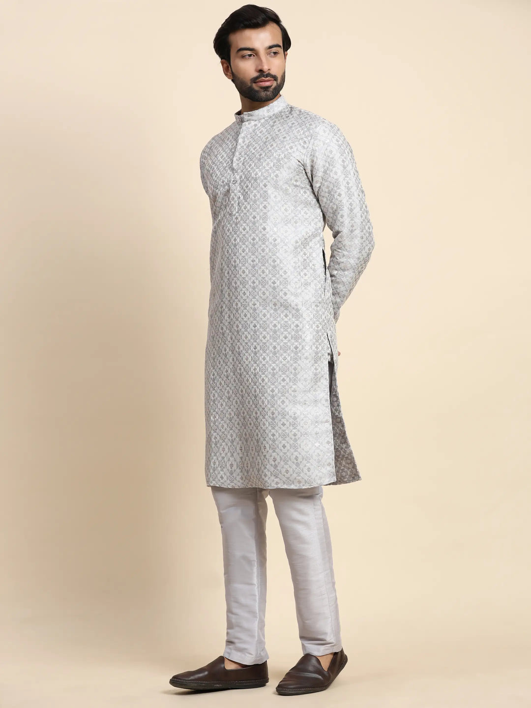 Classic Grey Jacquard Kurta Set | Perfect for Formal & Festive Events