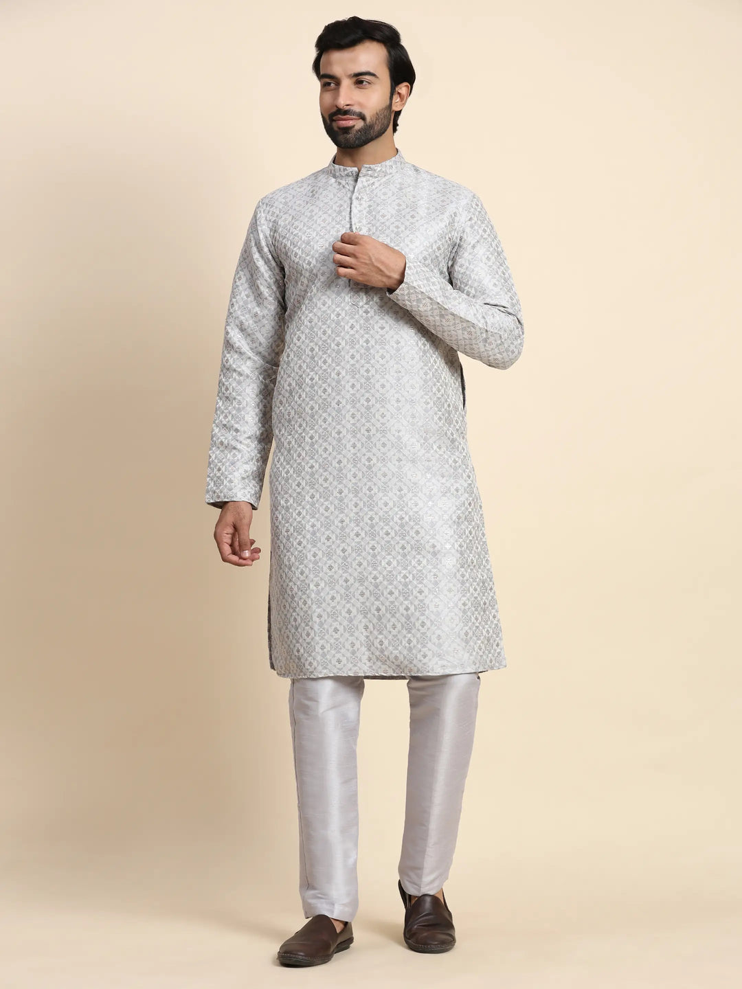 Classic Grey Jacquard Kurta Set | Perfect for Formal & Festive Events