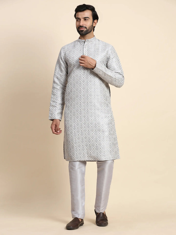 Classic Grey Jacquard Kurta Set | Perfect for Formal & Festive Events