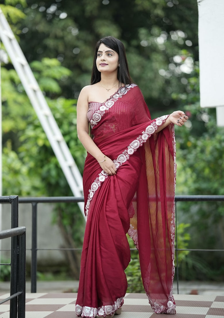 Elegant Satin-Chiffon Saree with Sequined Embroidery | for Weddings & Festive