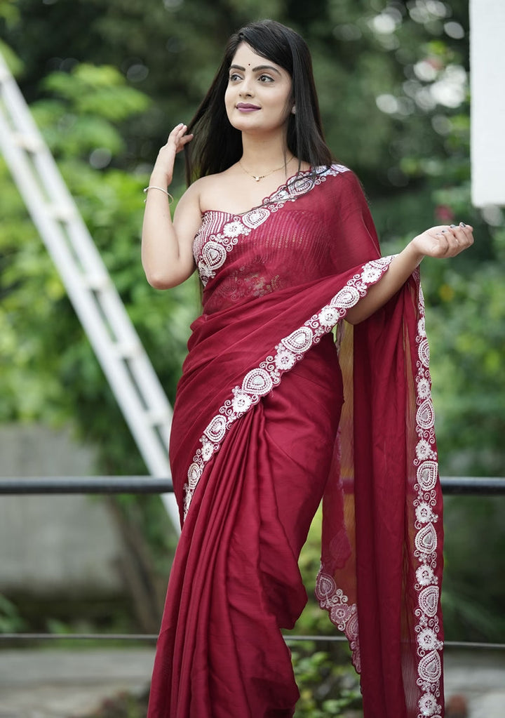 Elegant Satin-Chiffon Saree with Sequined Embroidery | for Weddings & Festive